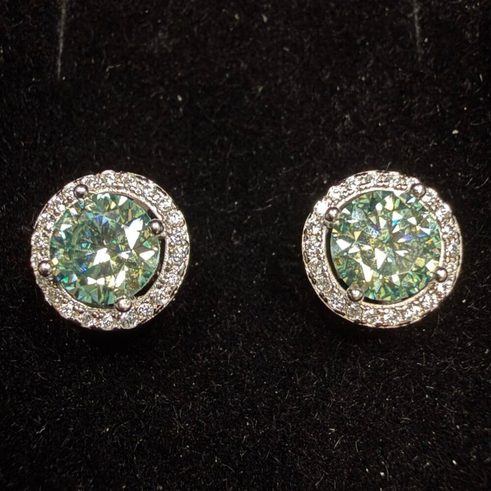 Solid 925 Sterling Silver Green Moissanite Halo Pushback Earrings 9.7mm